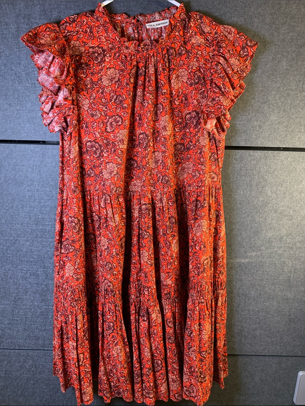 Ulla Johnson Coral-Red Floral Tiered Ruffle Dress